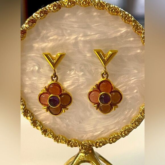 Louis Vuitton Blooming Earrings – Gold & Multi-Stone Cabochon LV Logo Studs - Picture 1 of 7
